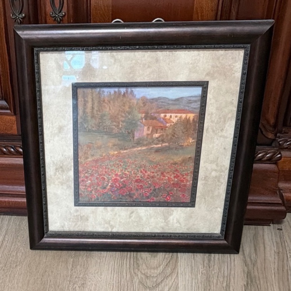 Framed Tuscan Poppy Field Art Print‎ Brown Wood Frame Countryside Landscape